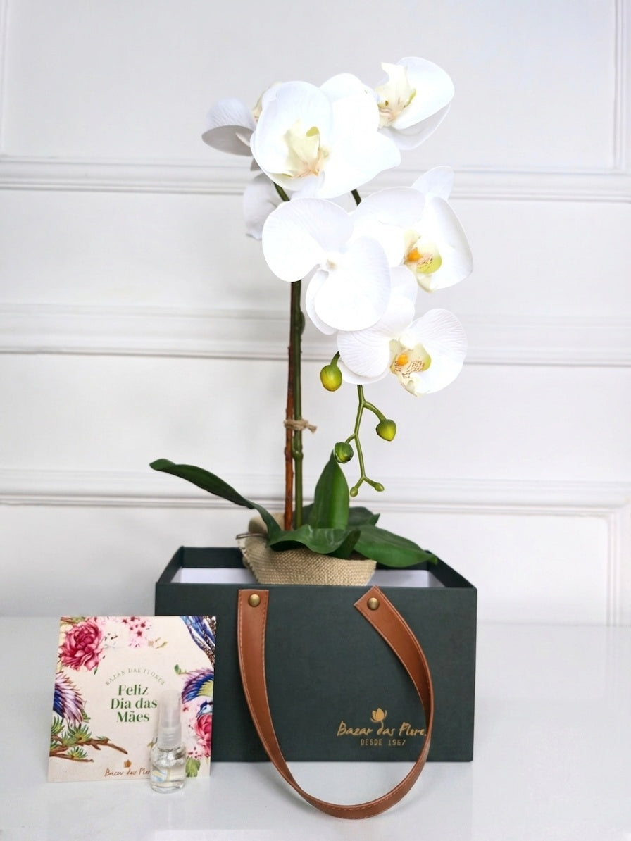 Arranjo Permanente Orquídea Branca Juta (Box Dia das Mães)
