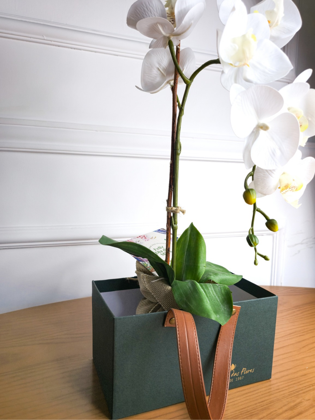 Arranjo Permanente Orquídea Branca Juta (Box Dia das Mães)